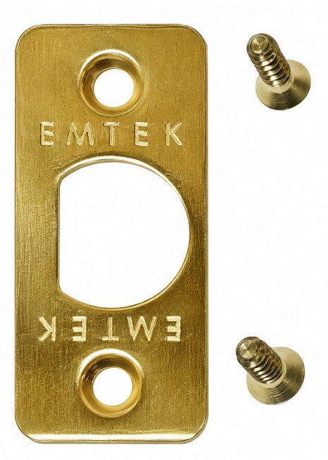 Emtek rounded corner latch faceplate shown in an unlacquered brass finish with included screws.