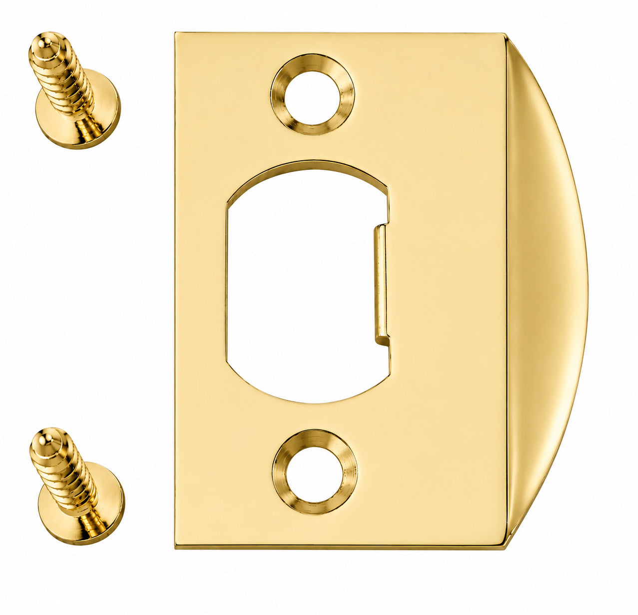 Emtek square corner standard size full lip strike shown in an unlacquered brass finish.