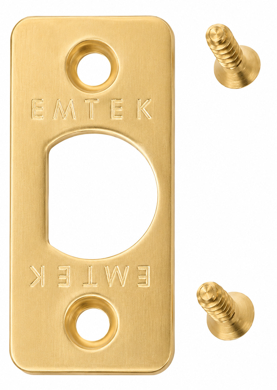 Emtek rounded corner latch faceplate shown in a satin brass finish with included screws.