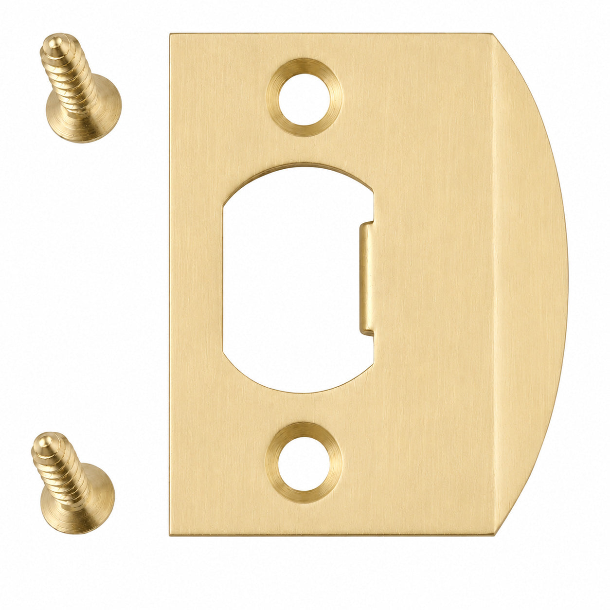 Emtek square corner standard size full lip strike shown in a satin brass finish.