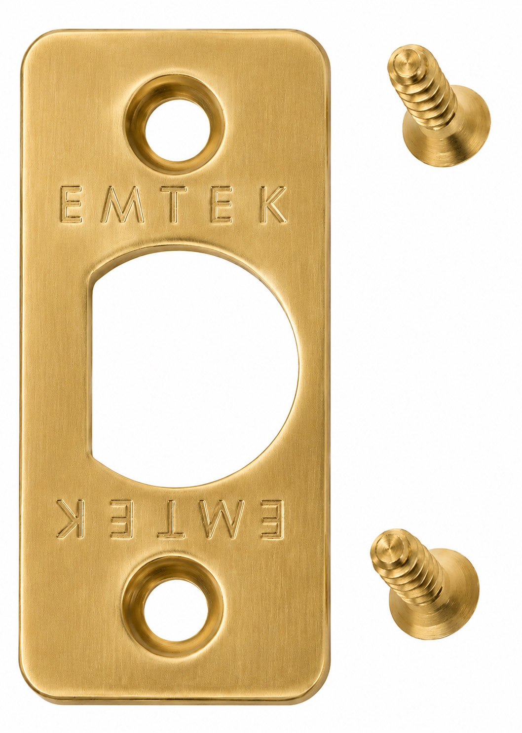 Emtek rounded corner latch faceplate shown in a French Antique Brass finish with included screws.