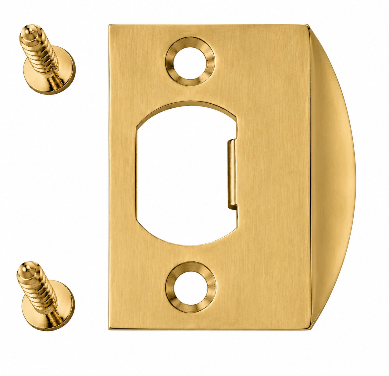 Emtek square corner standard size full lip strike shown in a French antique  brass finish.