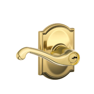 Schlage Flair Keyed Lever with Camelot Rosette-Bright Brass