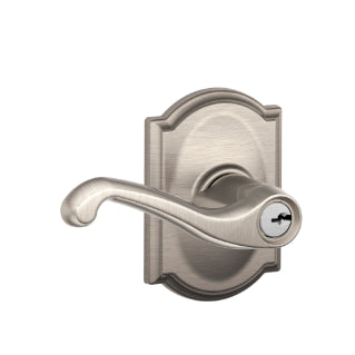 Schlage Flair Keyed Lever with Camelot Rosette-Satin Nickel