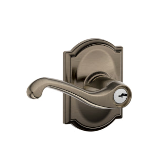 Schlage Flair Keyed Lever with Camelot Rosette-Antique Pewter