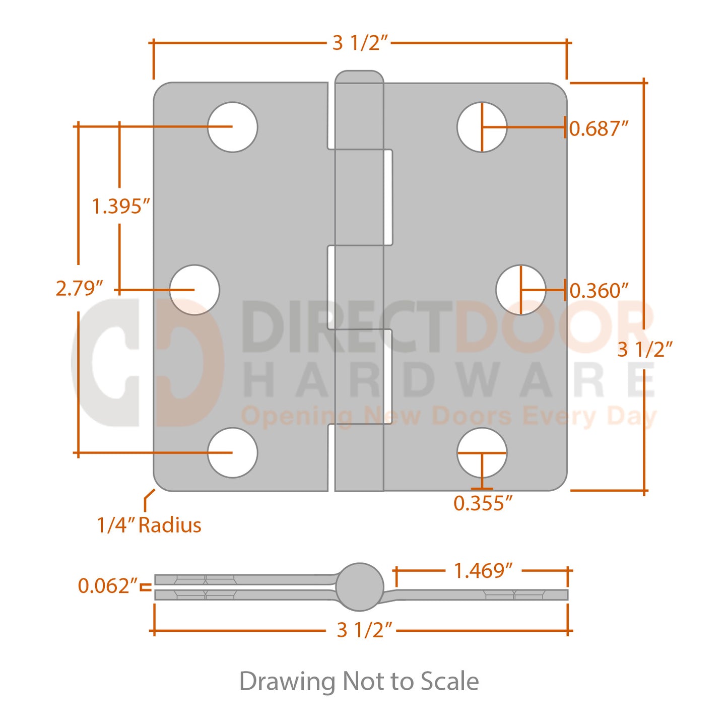 Measurements for Hager 3 1/2 Door Hinge - 1/4 inch Radius