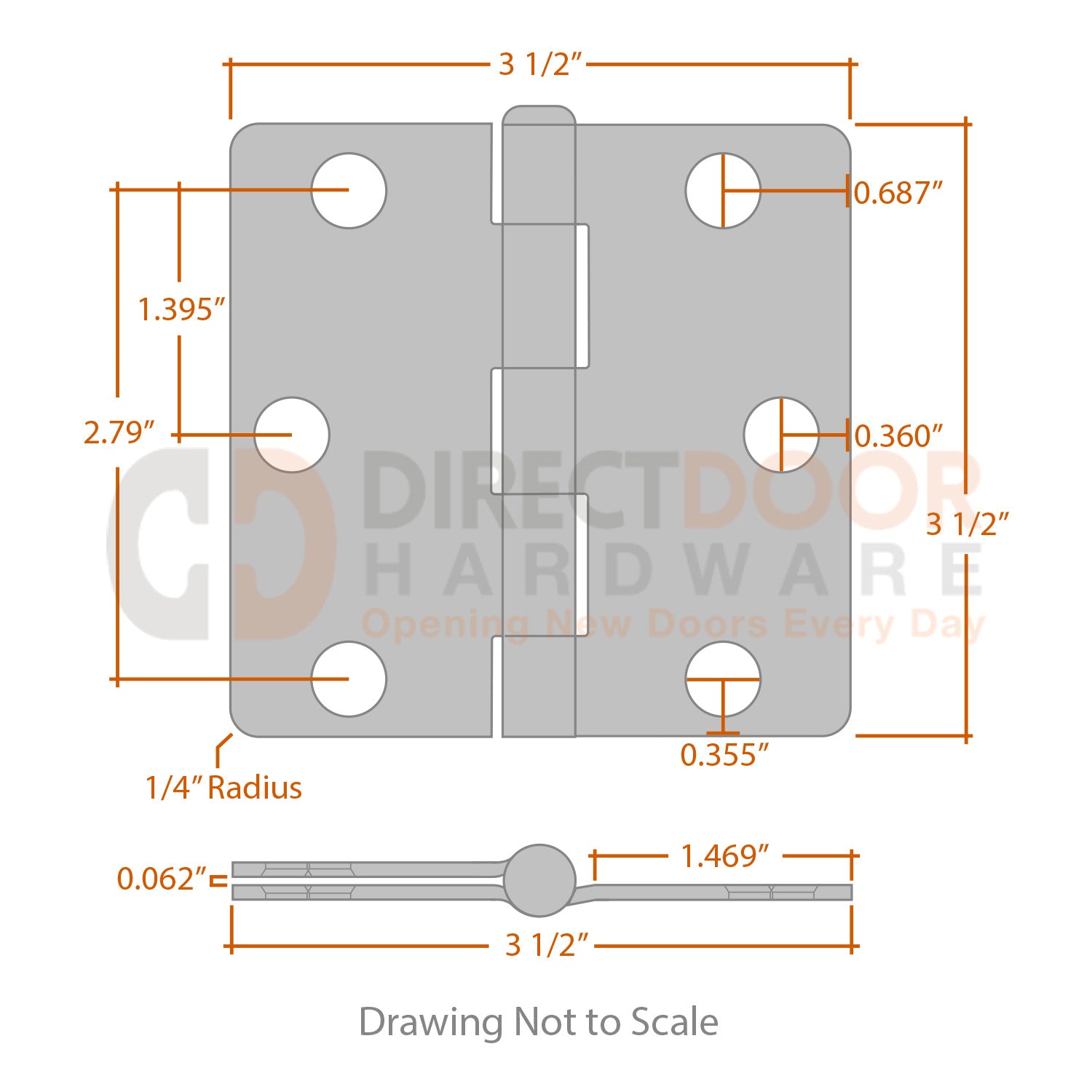 Measurements for Hager 3 1/2 Door Hinge - 1/4 inch Radius