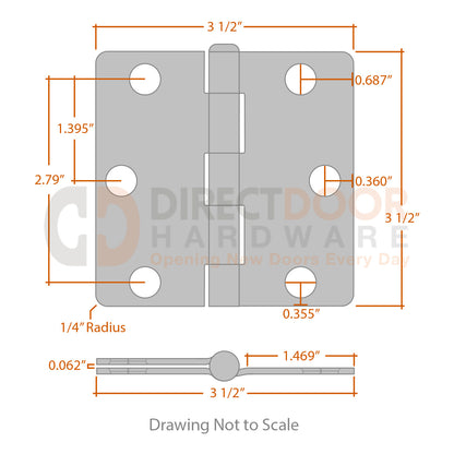 Measurements for Hager 3 1/2 Door Hinge - 1/4 inch Radius