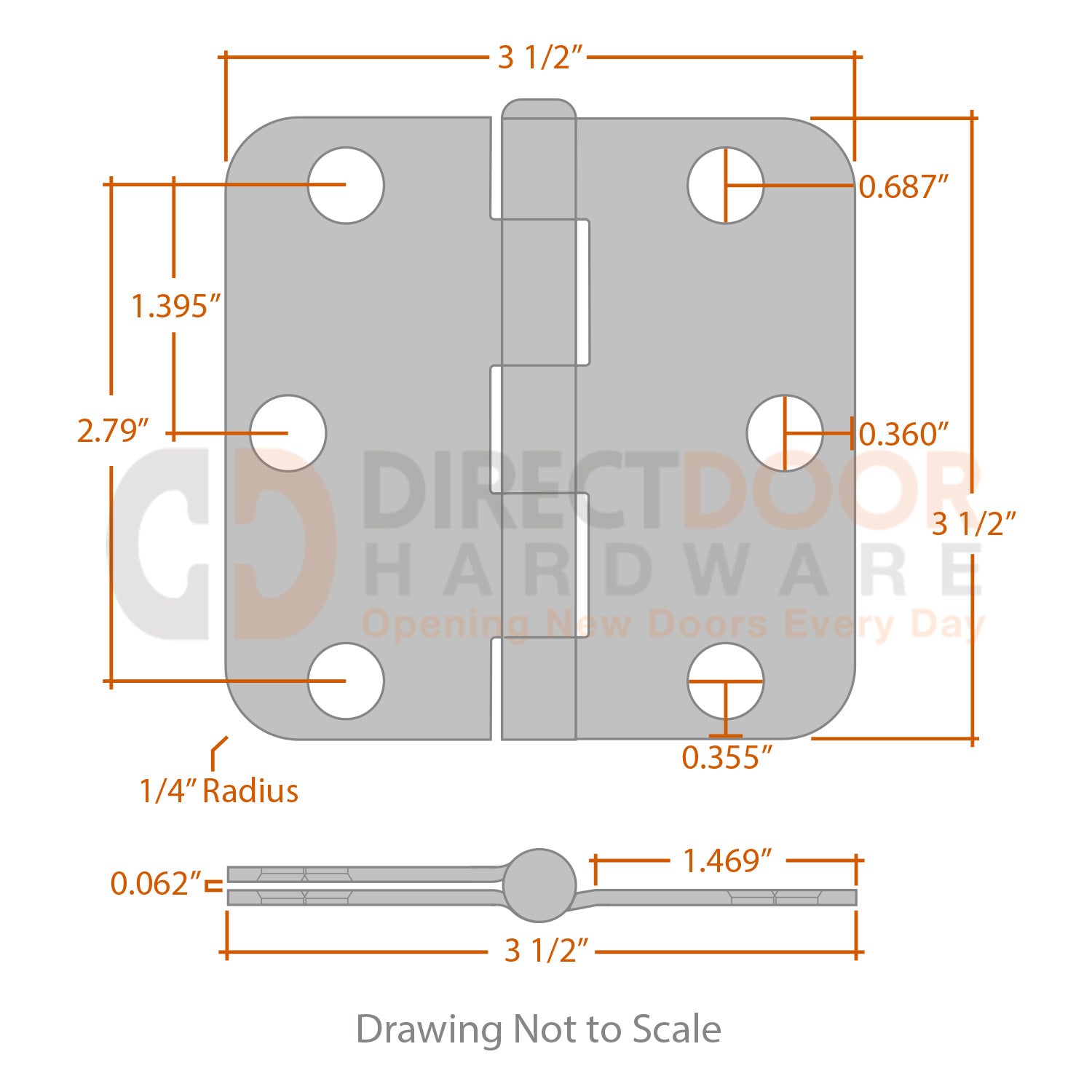 Measurements for Hager 3 1/2 Door Hinge - 5/8 inch Radius