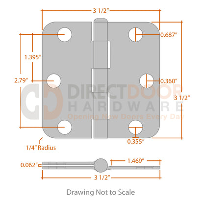 Measurements for Hager 3 1/2 Door Hinge - 5/8 inch Radius