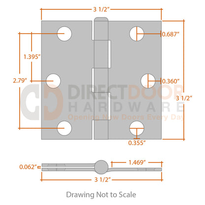 Measurements for Hager 3 1/2 Door Hinge - Square Corners