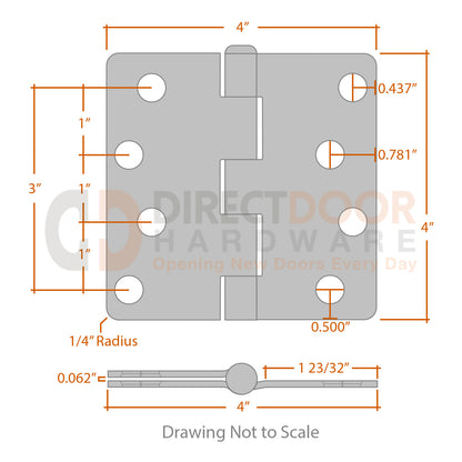 Measurements for Hager 4x4 Door Hinge - 1/4 inch Radius
