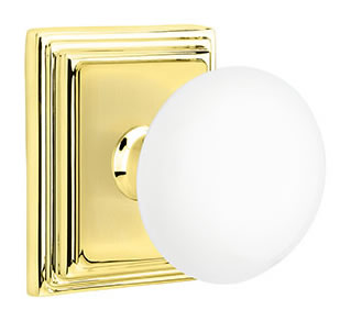 Emtek Ice White Knob with Wilshire Rosette - Polished Brass