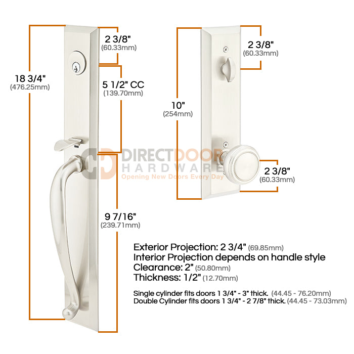 Measurements for Emtek Jefferson Entrance Handleset