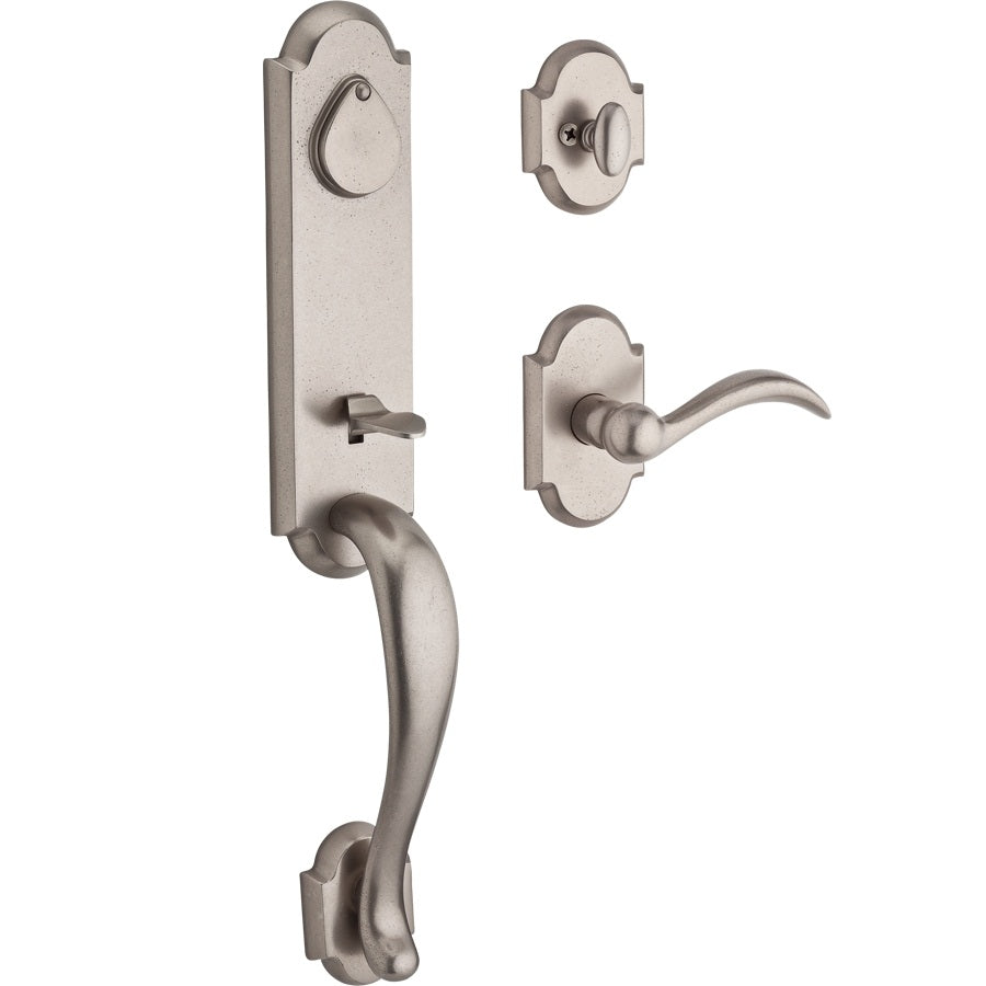 Kodiak Handleset Shown with Rustic Arch Rosette and Arch Lever in White Bronze