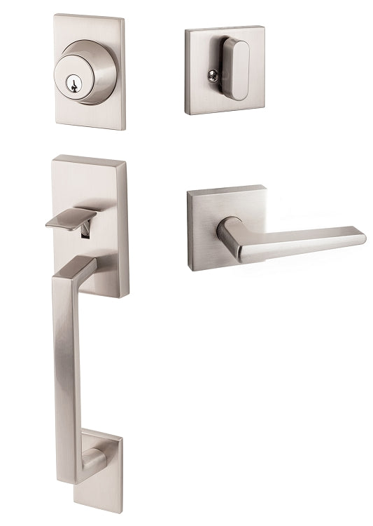 Sure-Loc Koln Entrance Handleset in Satin Stainless Steel with Basel Interior Lever