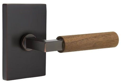 Emtek L-Square Walnut Door Lever with Modern Rectangular Rosette