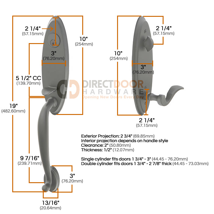 Emtek Marietta Entrance Handleset Measurements