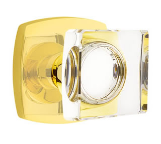 Emtek Square Crystal Knob with Urban Modern Rosette - Unlacquered Brass