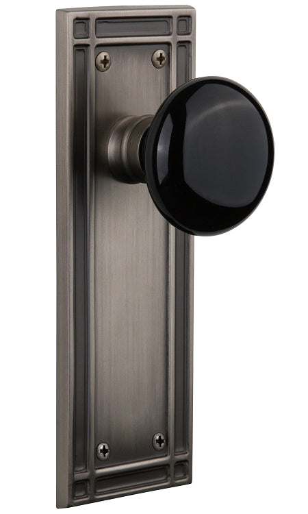 Nostalgic Warehouse Black Porcelain Knob with Mission Plate - Antique pewter ( All Mortise Come W/ Keyhole )