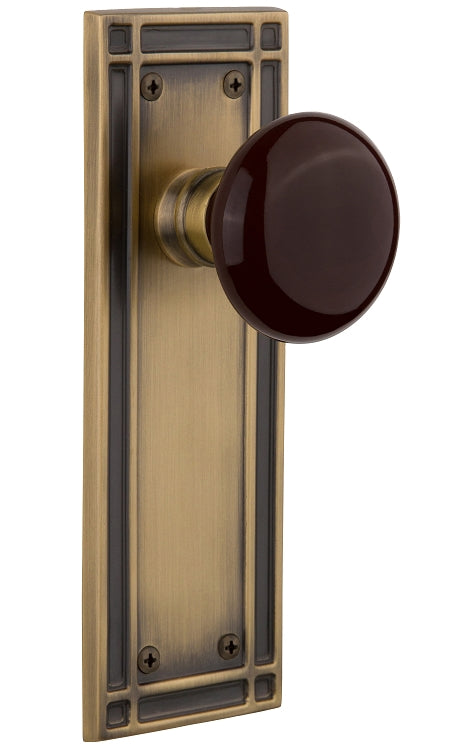 Nostalgic Warehouse Brown Porcelain Knob with Mission Plate - Antique brass