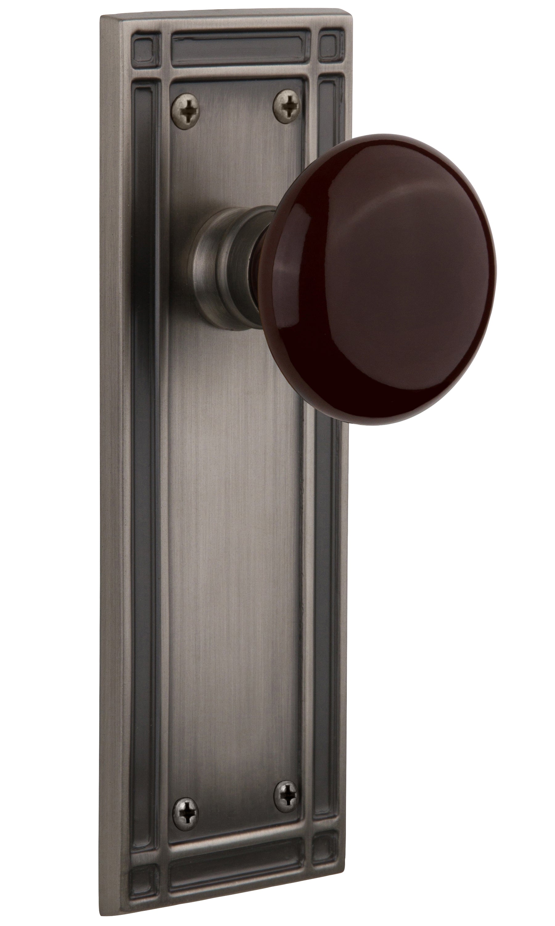 Nostalgic Warehouse Brown Porcelain Knob with Mission Plate - Antique pewter ( All Mortise Come W/ Keyhole )
