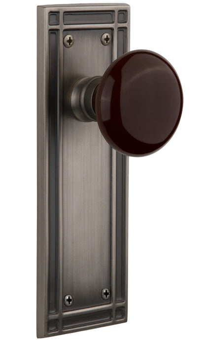Nostalgic Warehouse Brown Porcelain Knob with Mission Plate - Antique pewter ( All Mortise Come W/ Keyhole )