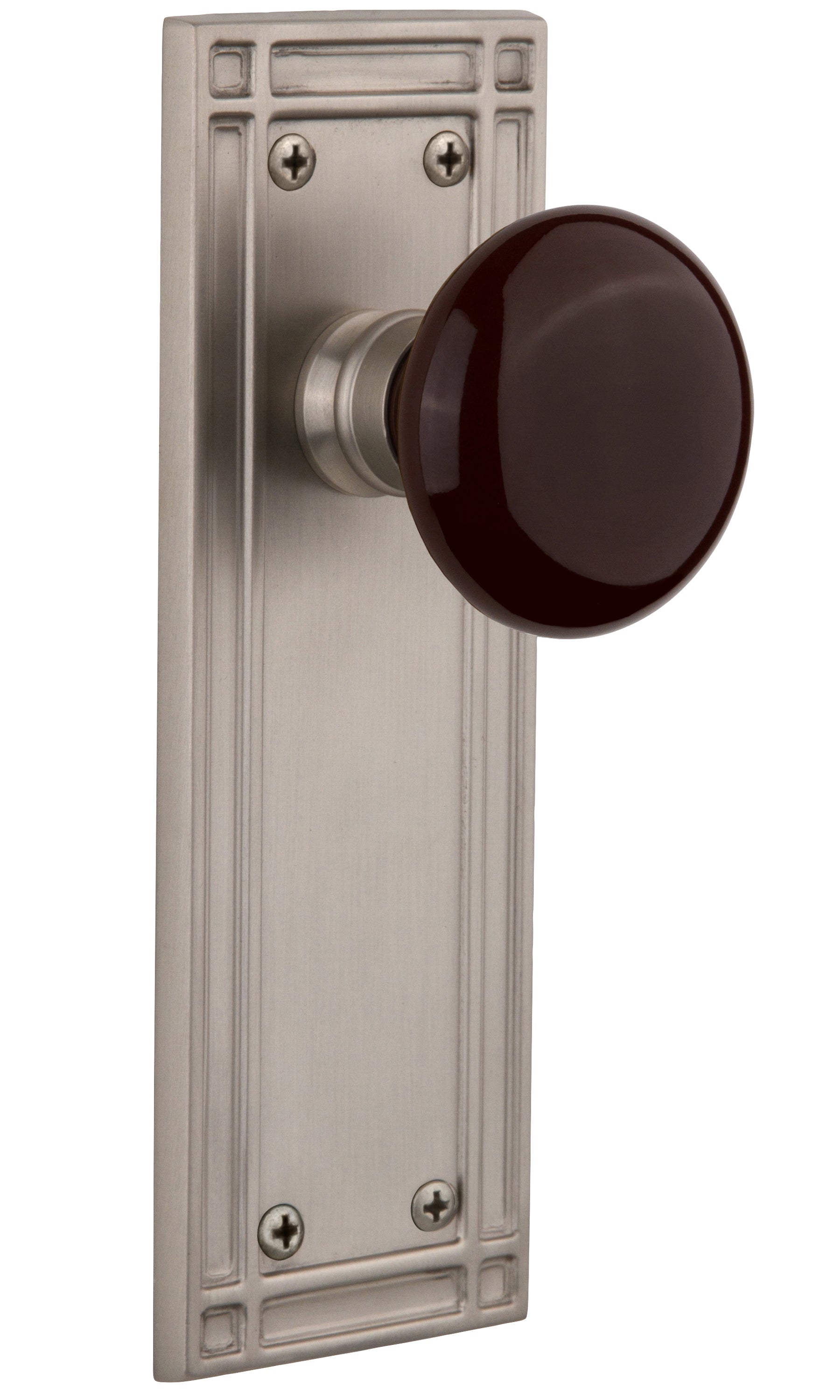 Nostalgic Warehouse Brown Porcelain Knob with Mission Plate - Satin nickel ( All Mortise Come W/ Keyhole )