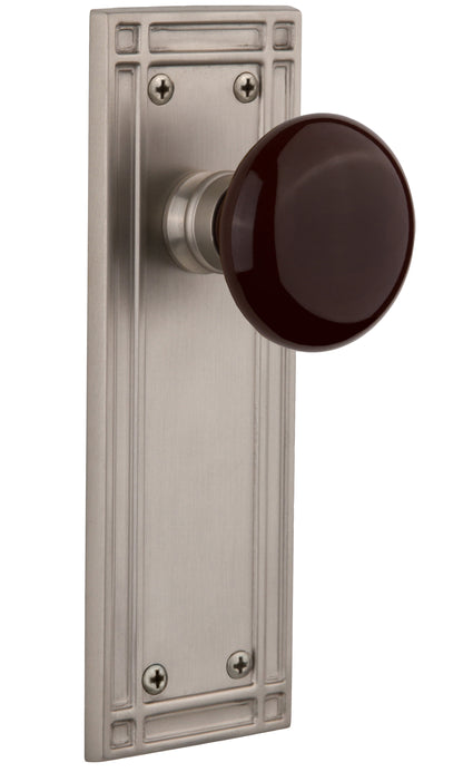 Nostalgic Warehouse Brown Porcelain Knob with Mission Plate - Satin nickel ( All Mortise Come W/ Keyhole )