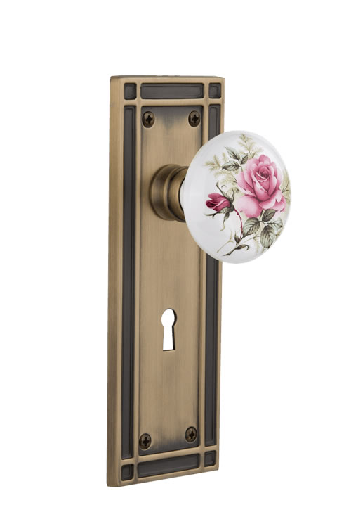 Nostalgic Warehouse White/Rose Porcelain Knob with Mission Plate ( All Mortise Come W/ Keyhole )