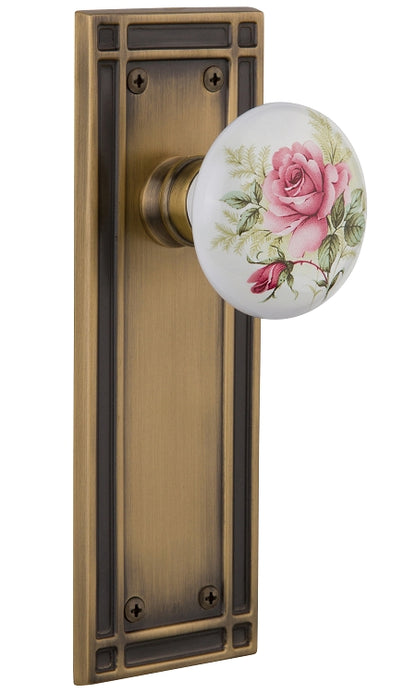 Nostalgic Warehouse White/Rose Porcelain Knob with Mission Plate - Antique brass ( All Mortise Come W/ Keyhole )