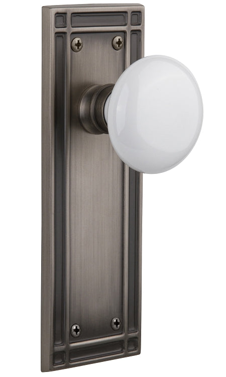 Nostalgic Warehouse White Porcelain Knob with Mission Plate - Antique brass