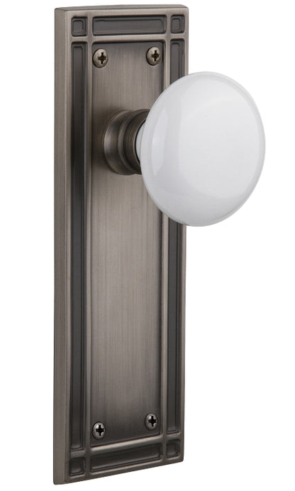 Nostalgic Warehouse White Porcelain Knob with Mission Plate - Antique pewter ( All Mortise Come W/ Keyhole )