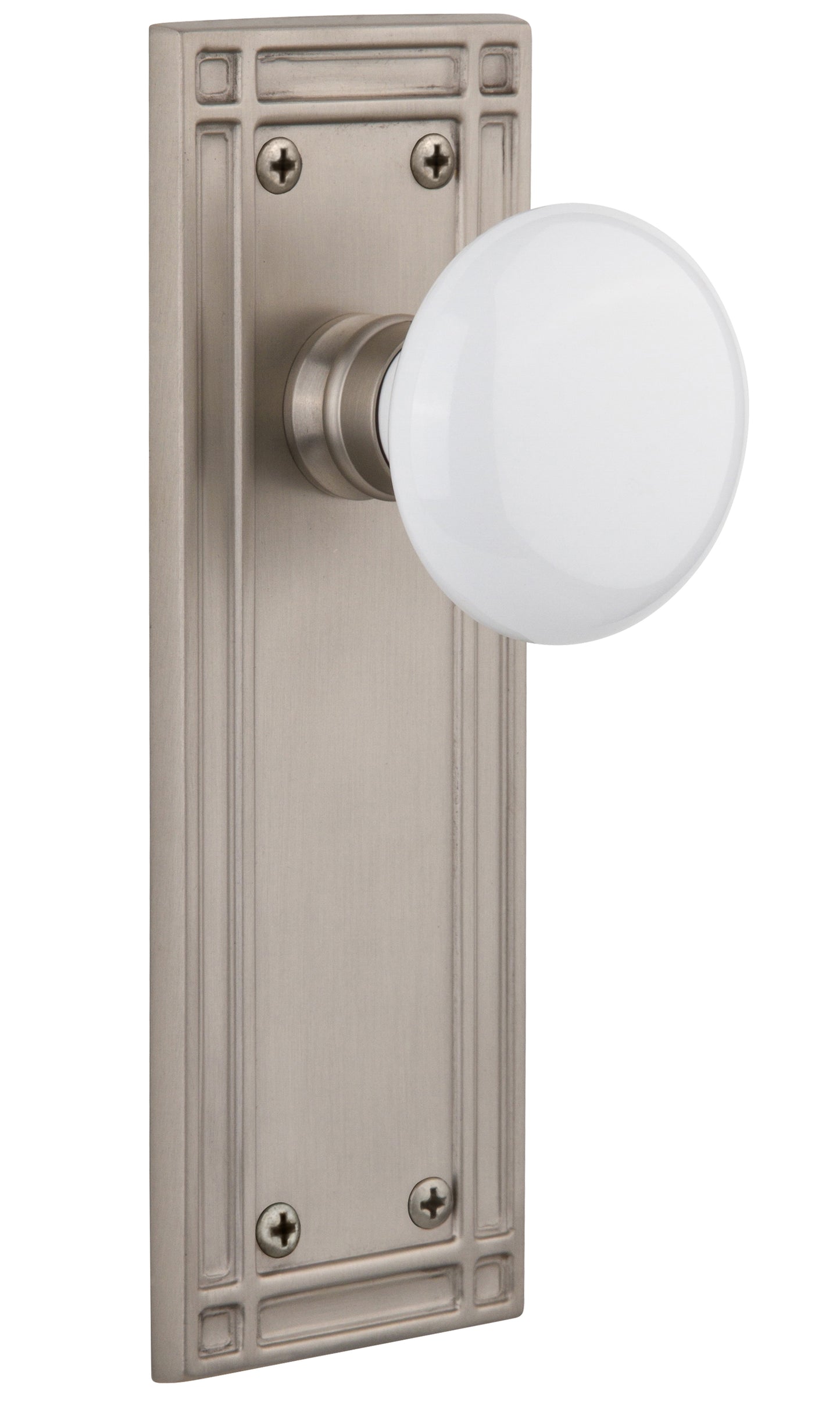 Nostalgic Warehouse White Porcelain Knob with Mission Plate - Satin nickel ( All Mortise Come W/ Keyhole )