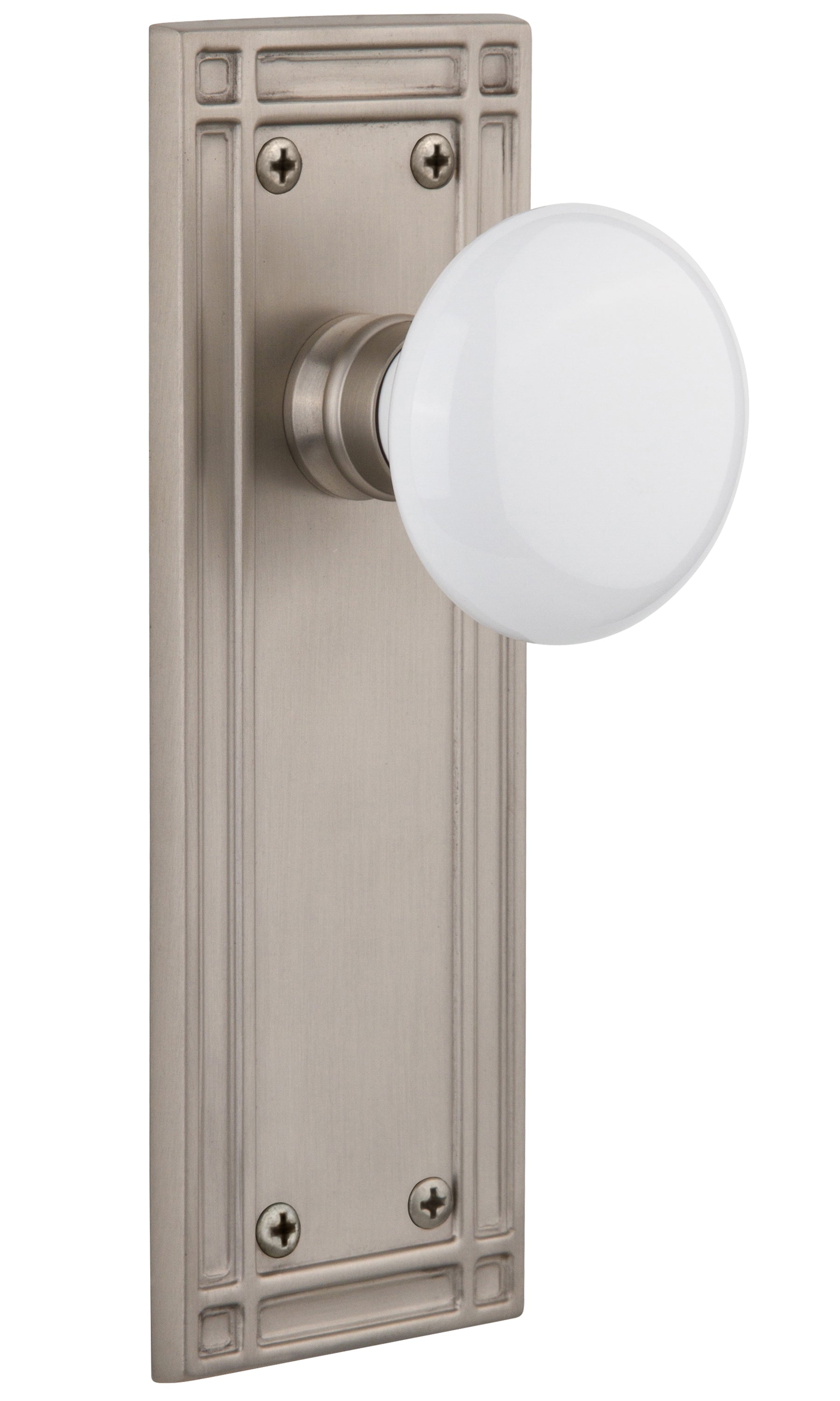 Nostalgic Warehouse White Porcelain Knob with Mission Plate - Satin nickel ( All Mortise Come W/ Keyhole )