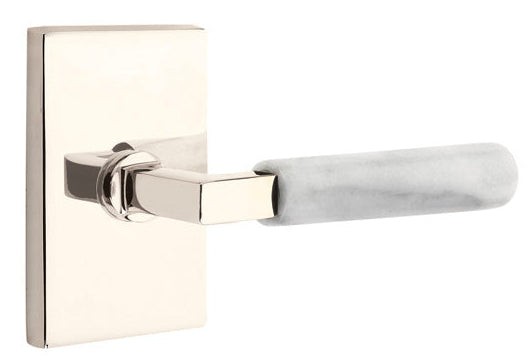 Emtek L-Square White Marble Lever with Rectangular Rosette with Satin Nickel Finish