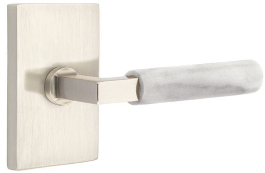 Emtek L-Square White Marble Grip Lever with Rectangular Rosette with Satin Nickel Finish