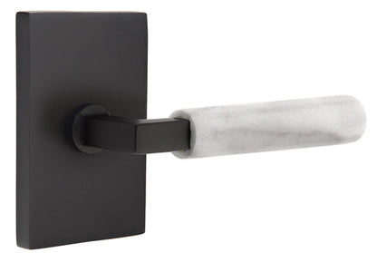Emtek L-Square White Marble Grip Lever with Rectangular Rosette with Flat Black Finish