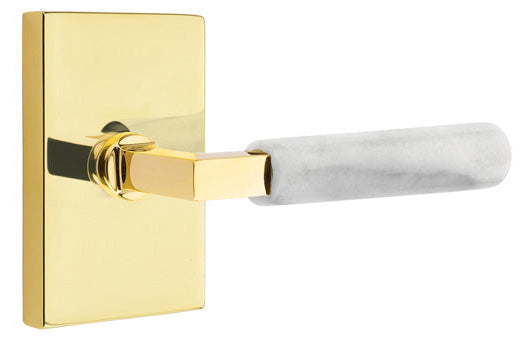 Emtek L-Square White Marble Grip Lever with Rectangular Rosette with Unlacquerd Brass Finish
