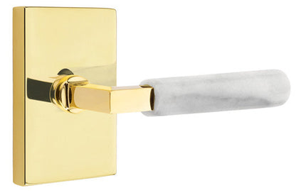 Emtek L-Square White Marble Grip Lever with Rectangular Rosette with Unlacquerd Brass Finish