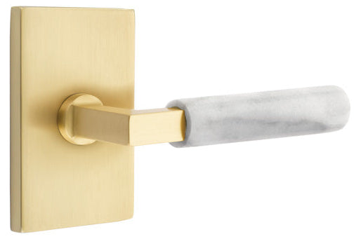 Emtek L-Square White Marble Grip Lever with Rectangular Rosette with Satin Brass Finish