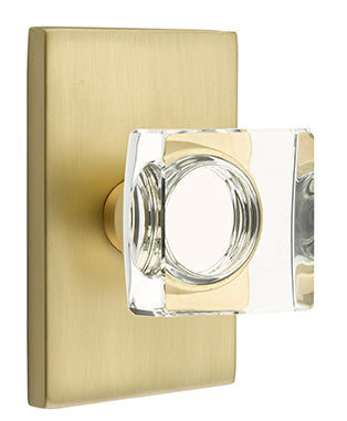 Emtek Square Crystal Knob with Modern Rectangular Rosette - Satin Brass