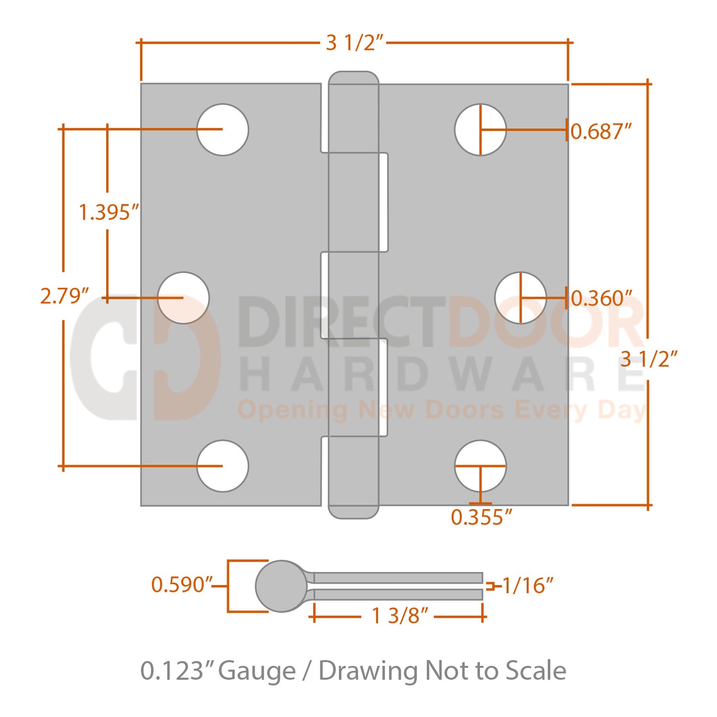 Measurements for Omnia 3.5 inch Residential Hinge - Square Corners