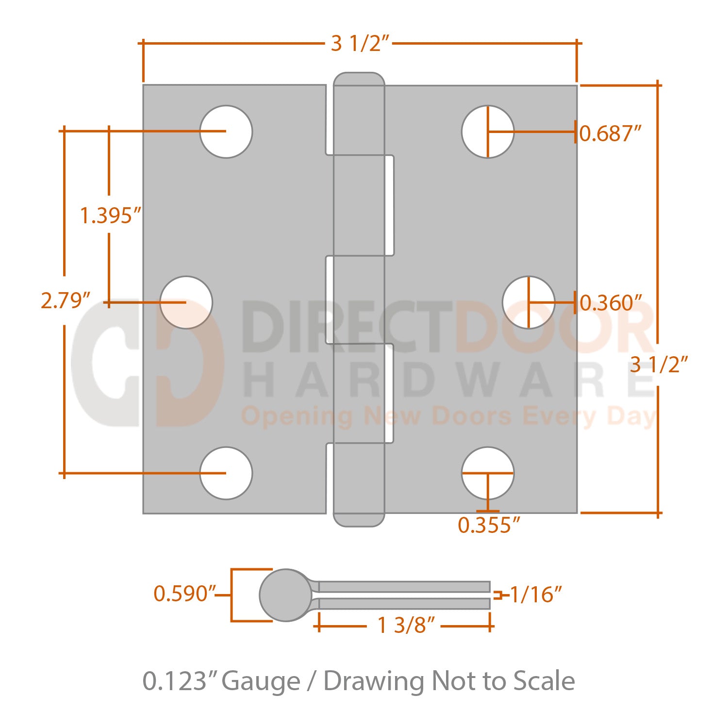 Measurements for Omnia 3.5 inch Residential Hinge - Square Corners