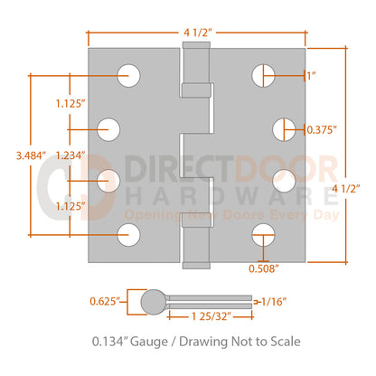 Measurements for Omnia 4.5 inch Ball Bearing Hinge - Square Corners