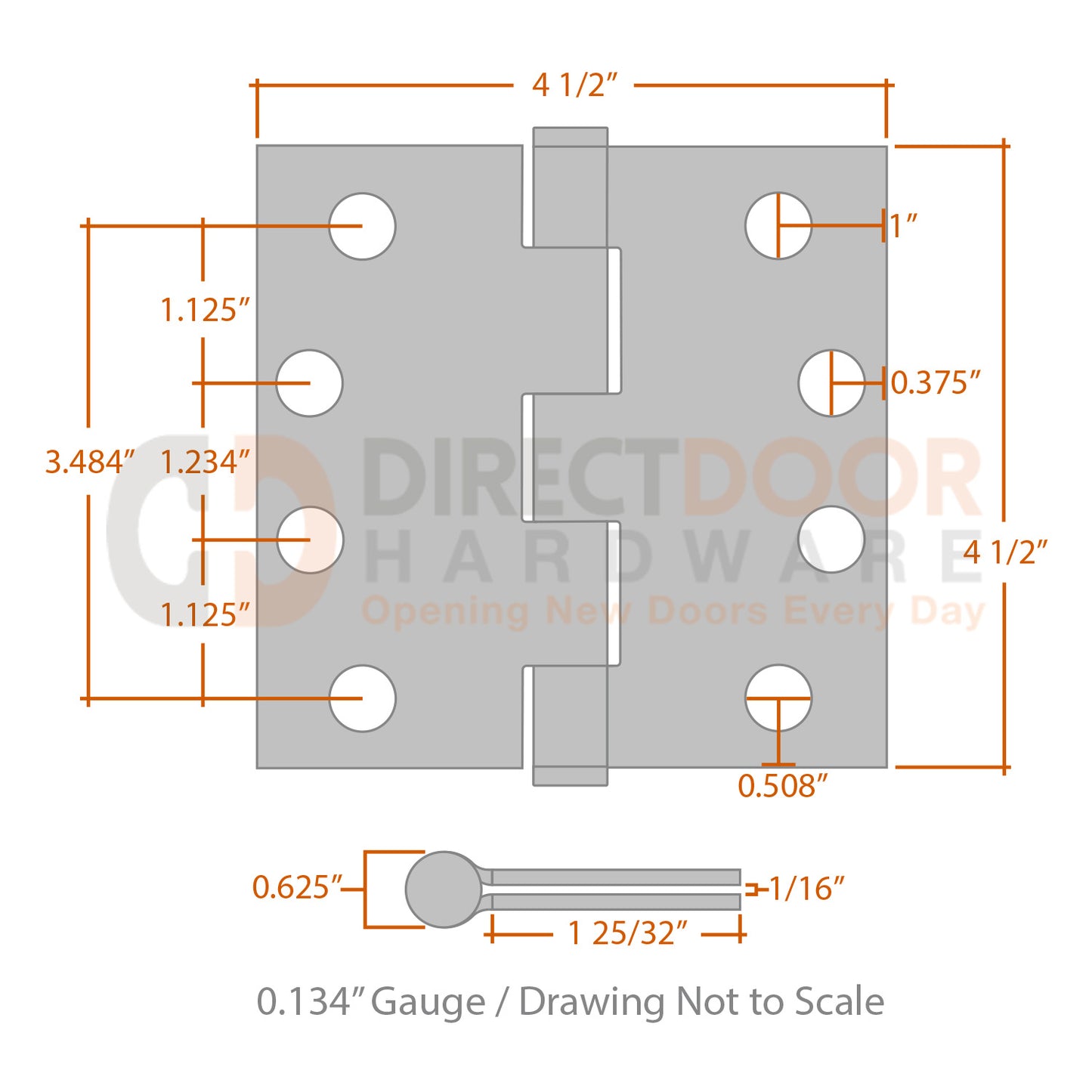 Measurements for Omnia 4.5 inch Residential Hinge - Square Corners