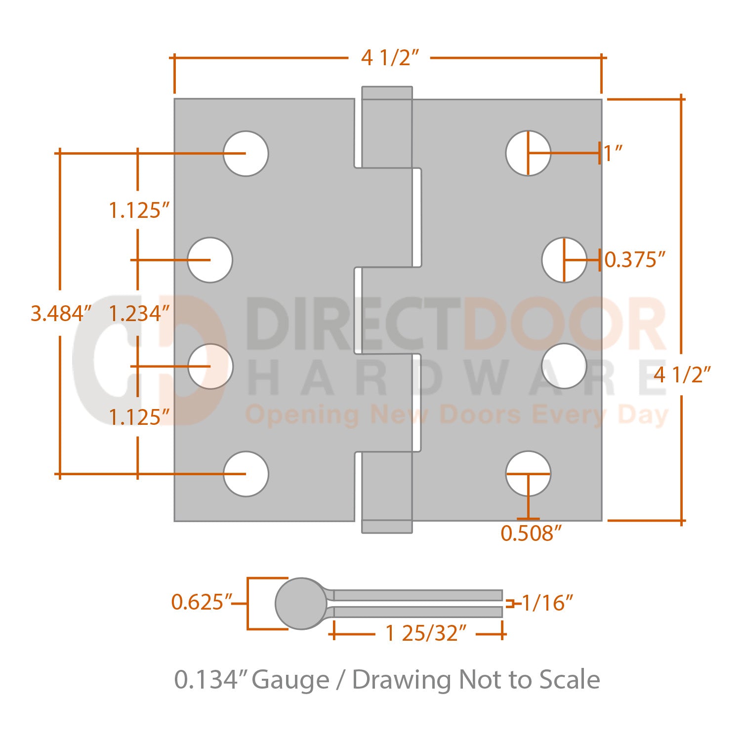 Measurements for Omnia 4.5 inch Residential Hinge - Square Corners