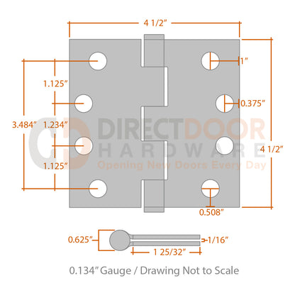 Measurements for Omnia 4.5 inch Residential Hinge - Square Corners