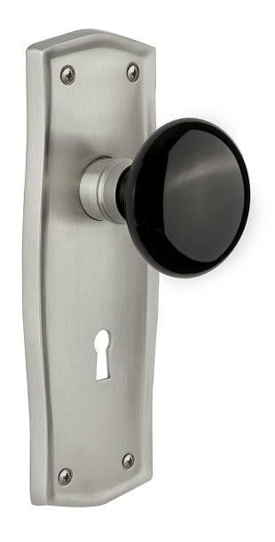 Nostalgic Warehouse Prairie Plate with Black Porcelain Knob Immortise Lock- Satin Nickel