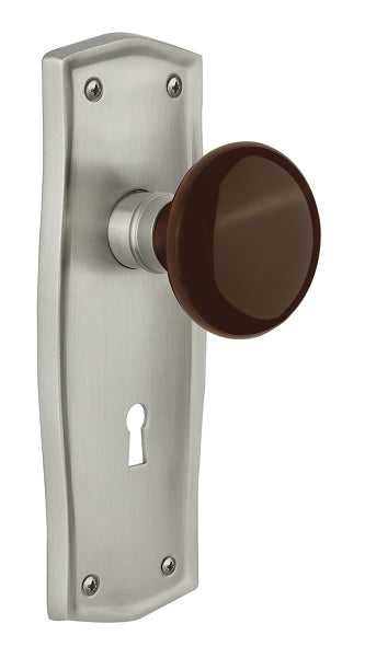 Nostalgic Warehouse Prairie Plate with Brown Porcelain Knob - Satin Nickel
